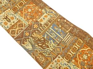 抽象草花に幾何学模様織出し名古屋帯